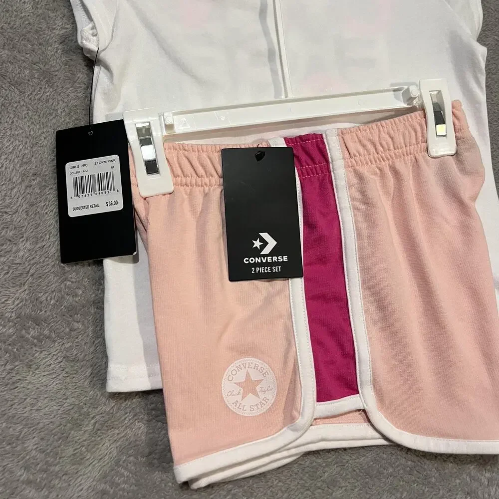 Converse Shirt Shorts Set Girls 6X White Pink All Star 2 Piece Graphic Outfit